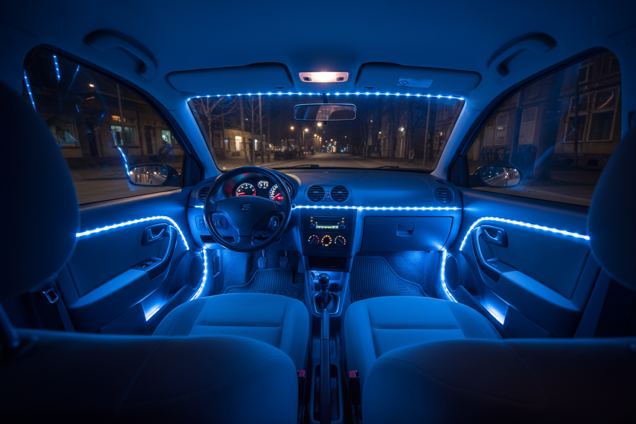 Interior coche normal con LED azul por todas partes